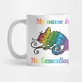 Colorful Chameleon Design with Mosaic Stripes and Rainbow Title "My Name is Mr. Camouflager" Mug